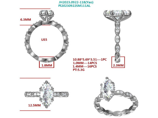 Lab created Diamond Platinum ring , US size 5 , center with marquise cut 1.30 Carat E/VS2